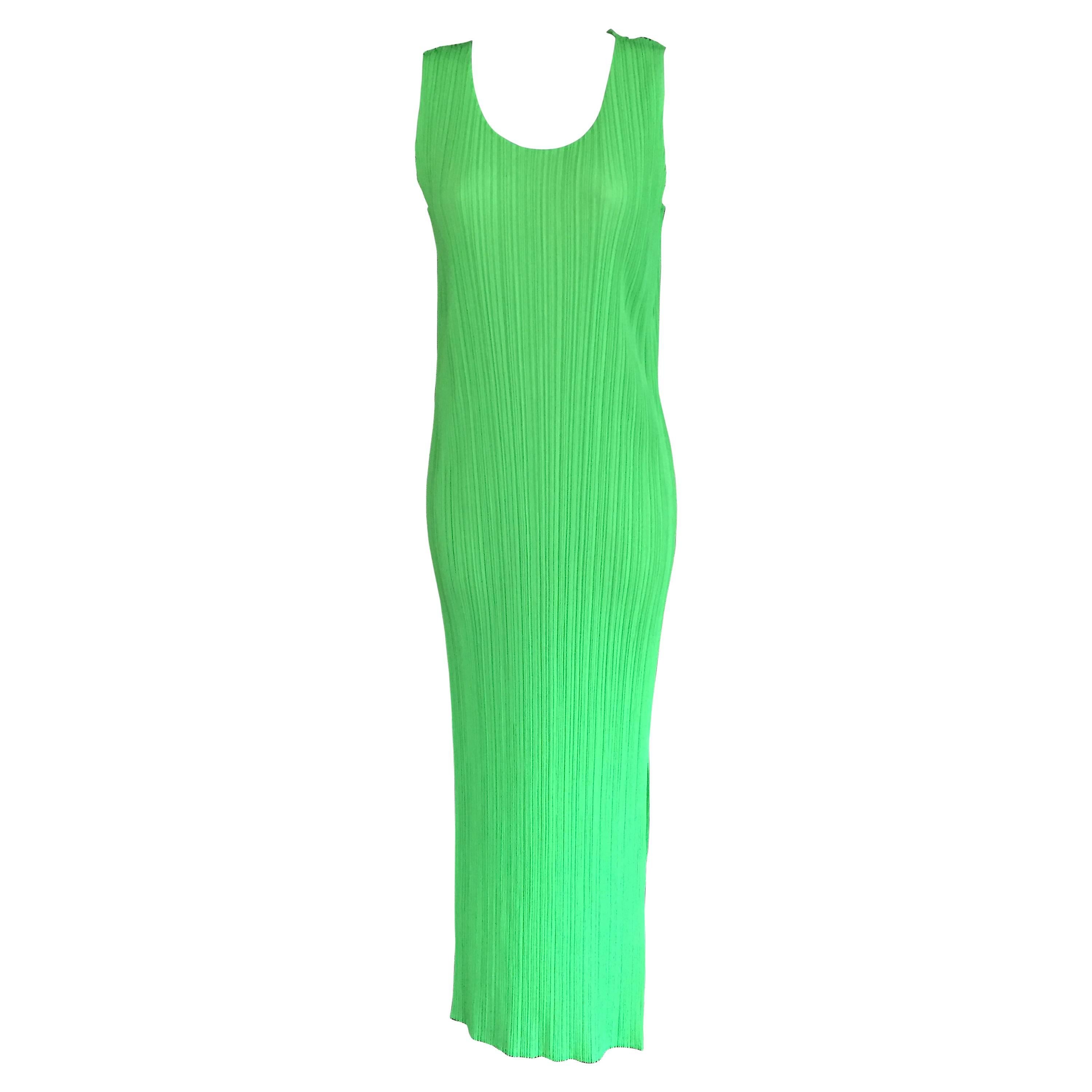 Issey Miyake Neon Green Long Dress for Pleats Please For Sale