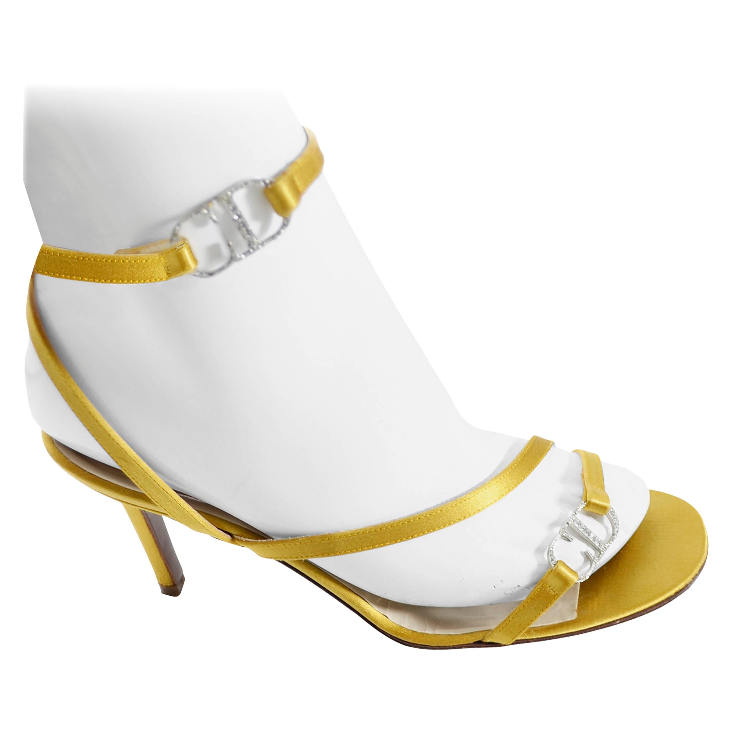 Gold Vintage Christian Dior Shoes Ankle Strap Sandals Rhinestones CD Logo Clasp