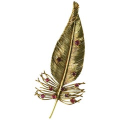 Retro Sanz Ruby Gold Feather Brooch