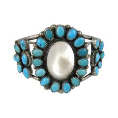 Pawn Navajo Sterling Silver Turquoise - Mother of Pearl Bracelet 9