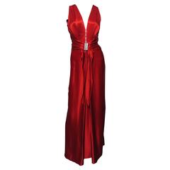 LUCA LUCA Red Silk Gown with Rhinestone Buckle Detail