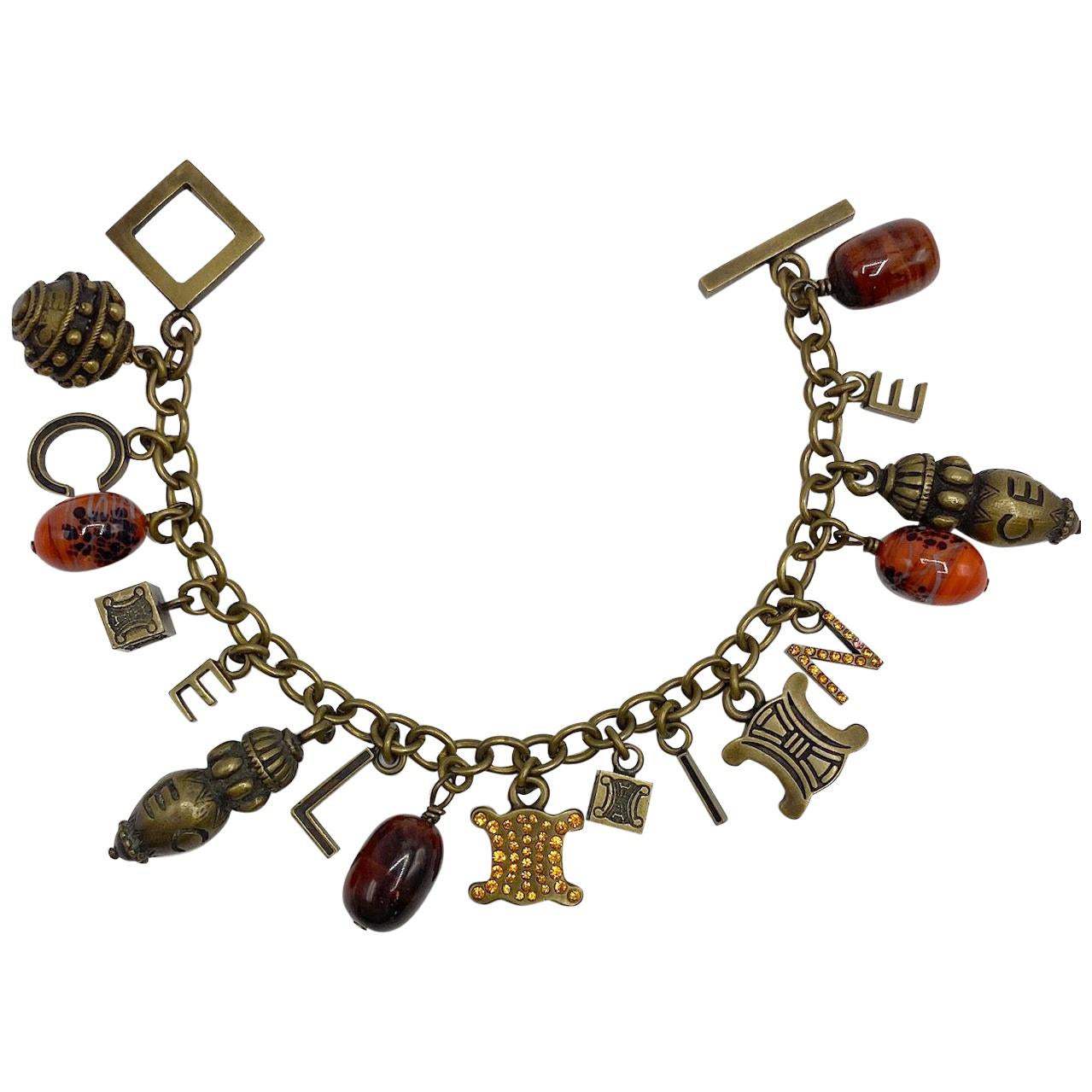 Celine Name & Logo Charm Bracelet with Antique Bronze Patina, 1990s For Sale
