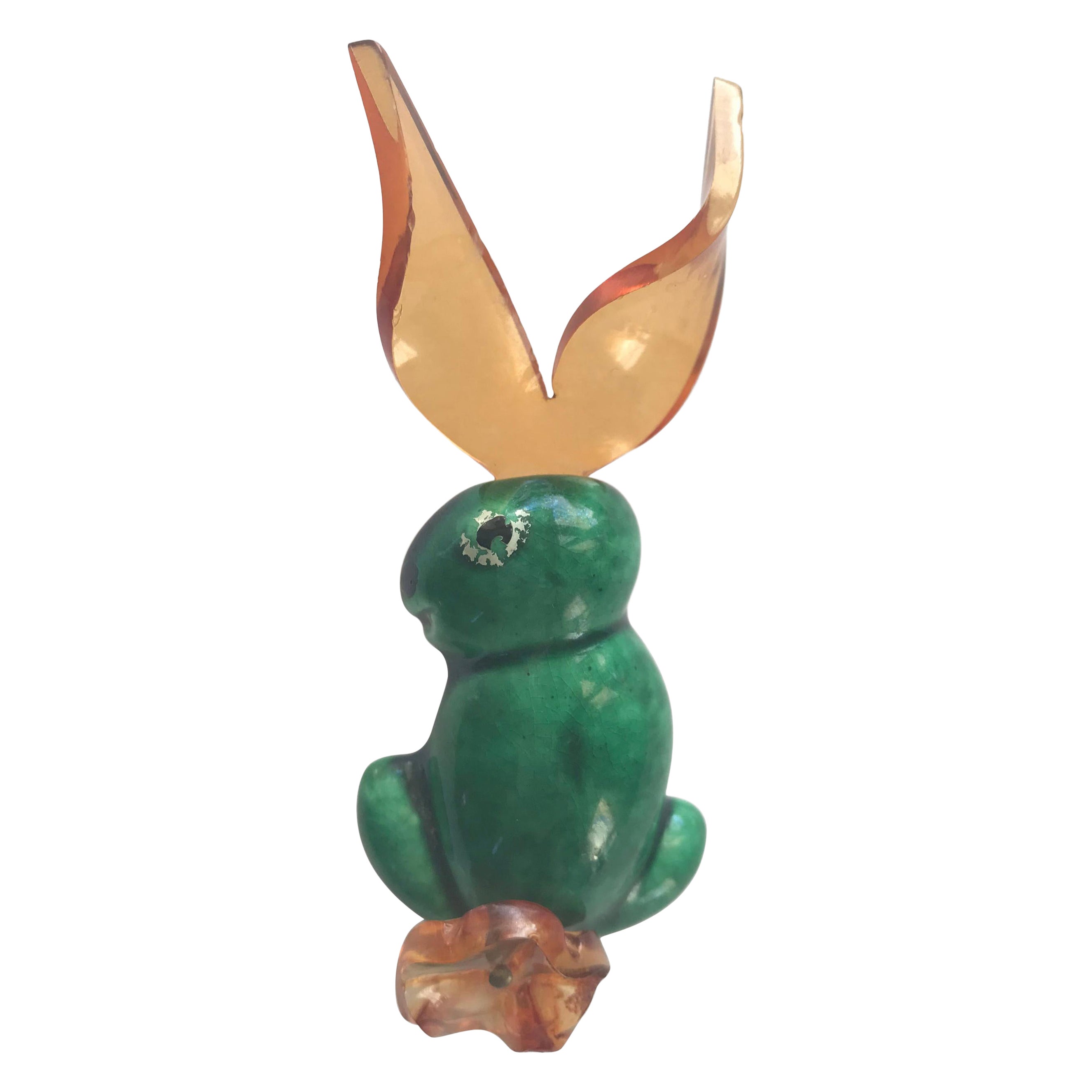 ELZAC ceramic bunny brooch, Jelly belly lucite ears L. Angeles  1940  