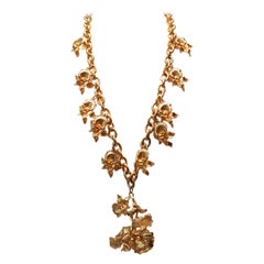 1980s Leonard Gilt Pansy Flowers Long Necklace