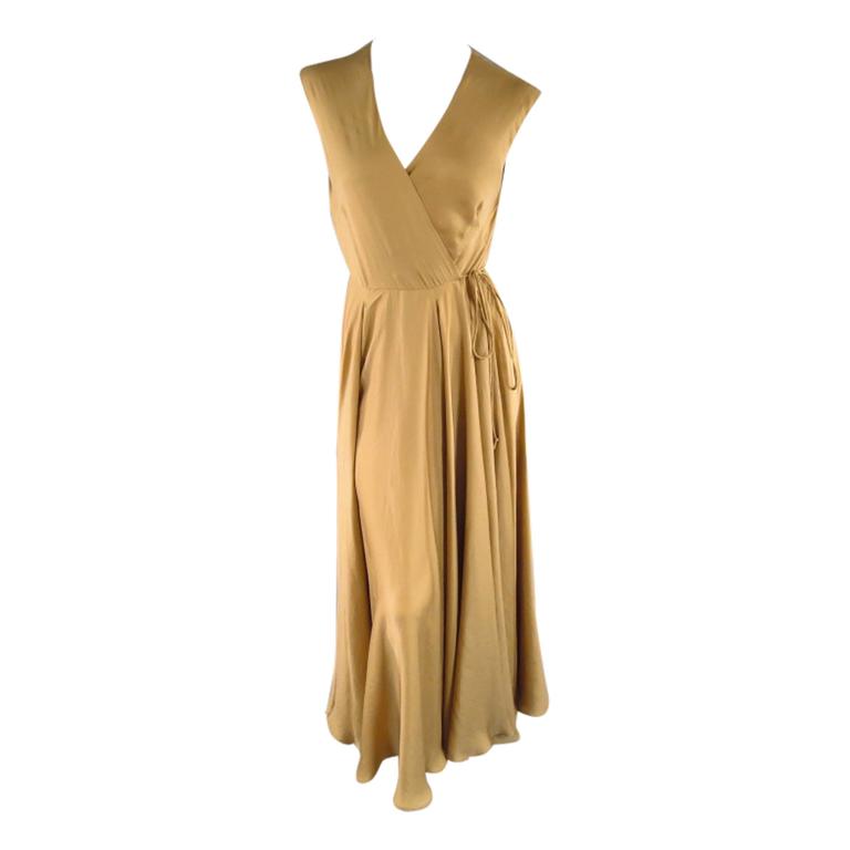 RALPH LAUREN Size 6 Gold Silk Lined Satin Wrap Maxi Dress at 1stDibs