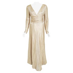 Vintage 1977 Givenchy Haute Couture Metallic Gold Silk Long-Sleeve Plunge Gown