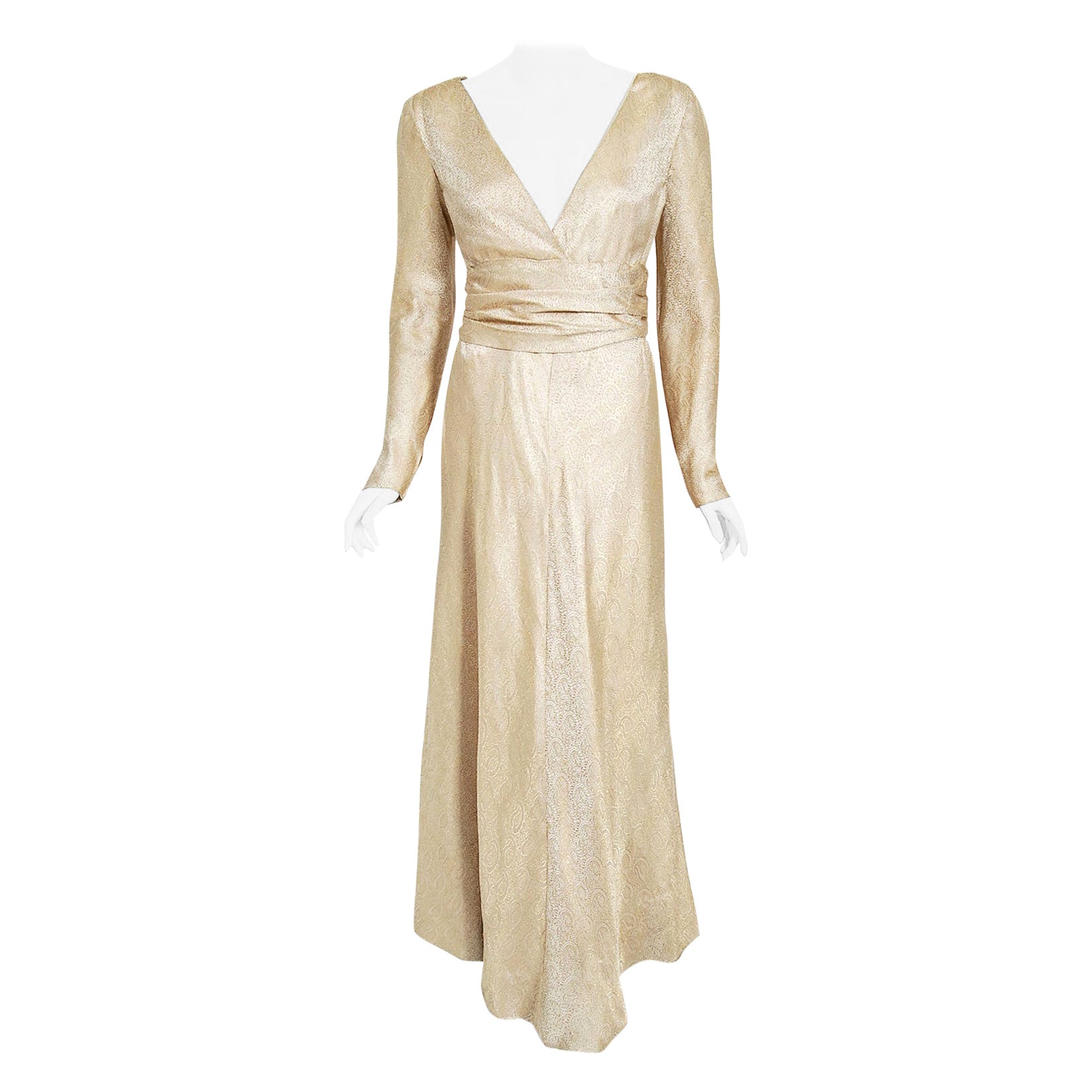 Vintage 1972 Givenchy Haute Couture Metallic Gold Silk Long-Sleeve Plunge Gown