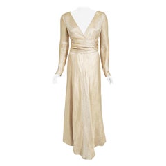 Vintage 1972 Givenchy Haute Couture Metallic Gold Silk Long-Sleeve Plunge Gown