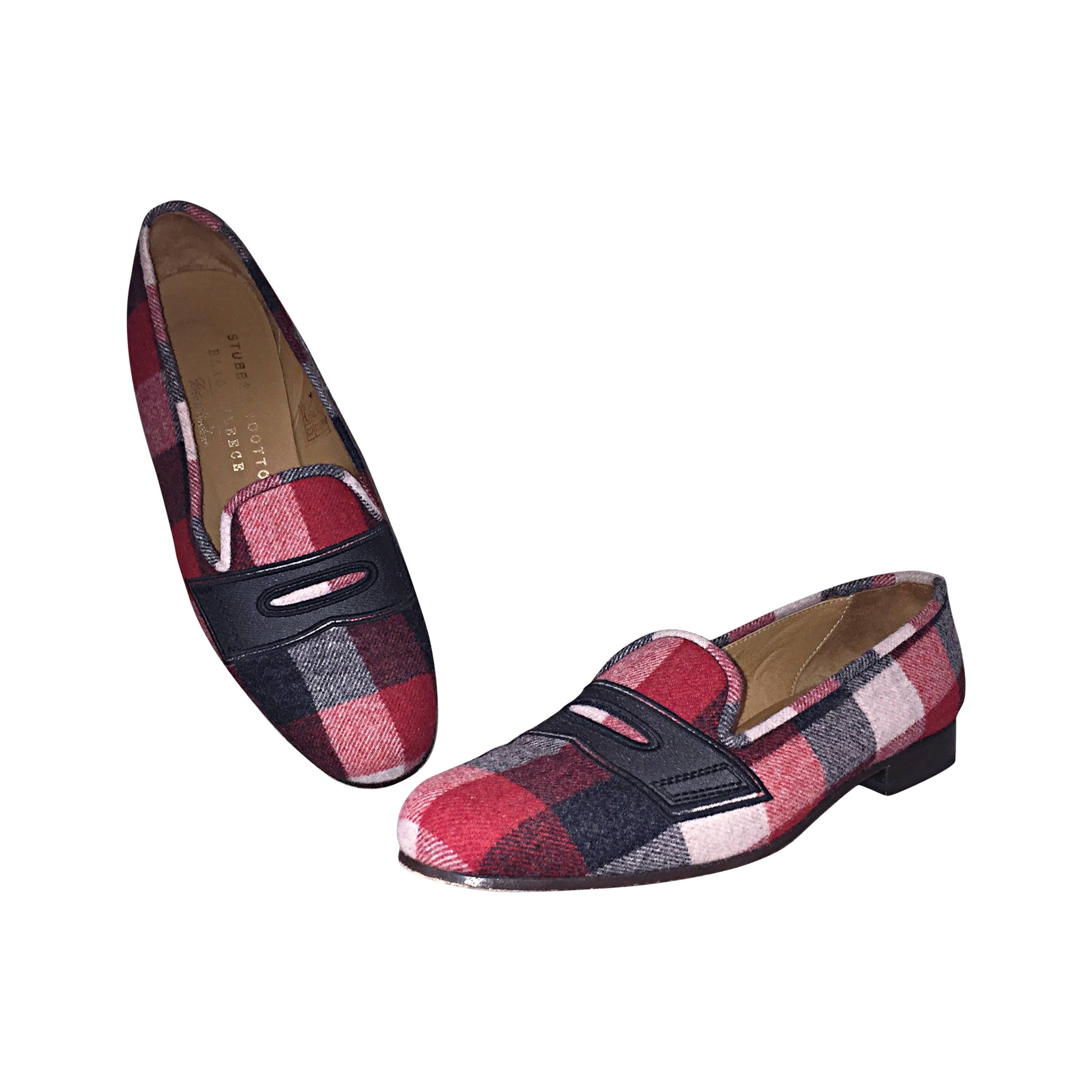 Rare Stubbs and Wootton for Black Fleece Red + White + Blue Plaid Shoes Sz. 8.5