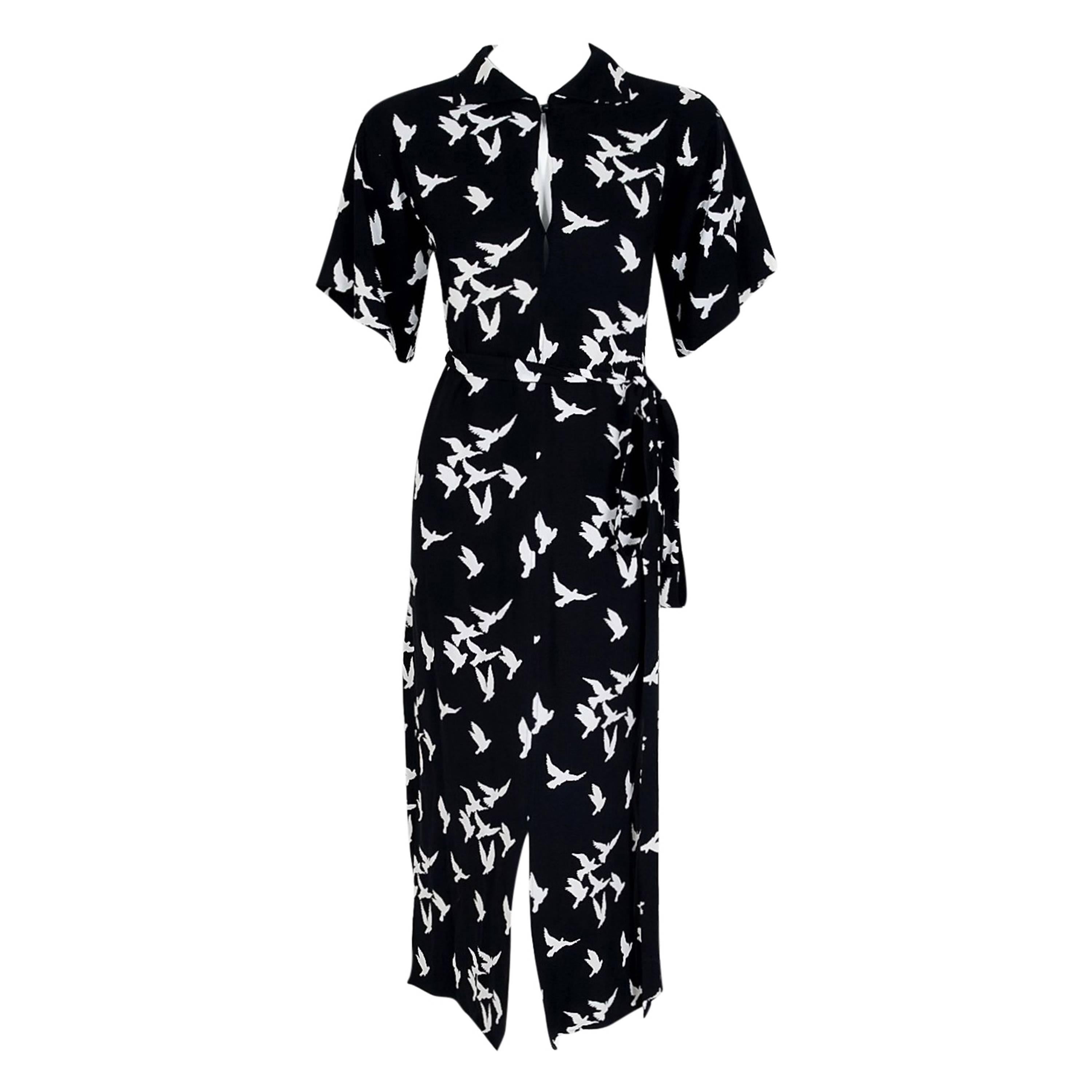 1978 Yves Saint Laurent Doumented Bird Novelty Print Rayon-Crepe Belted Dress
