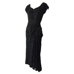 1940s Black Rayon Sequin Covered Evening Dress w/ Side Flare