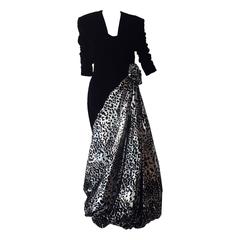 Vintage 1980s Travilla 2-Piece Velvet and Silver Leopard Lame Pouf Ball Gown