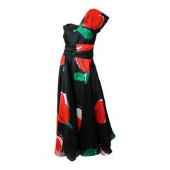 Pauline Trigere Black, Red & Green Silk Abstract Floral Tulip Print Evening Gown 3