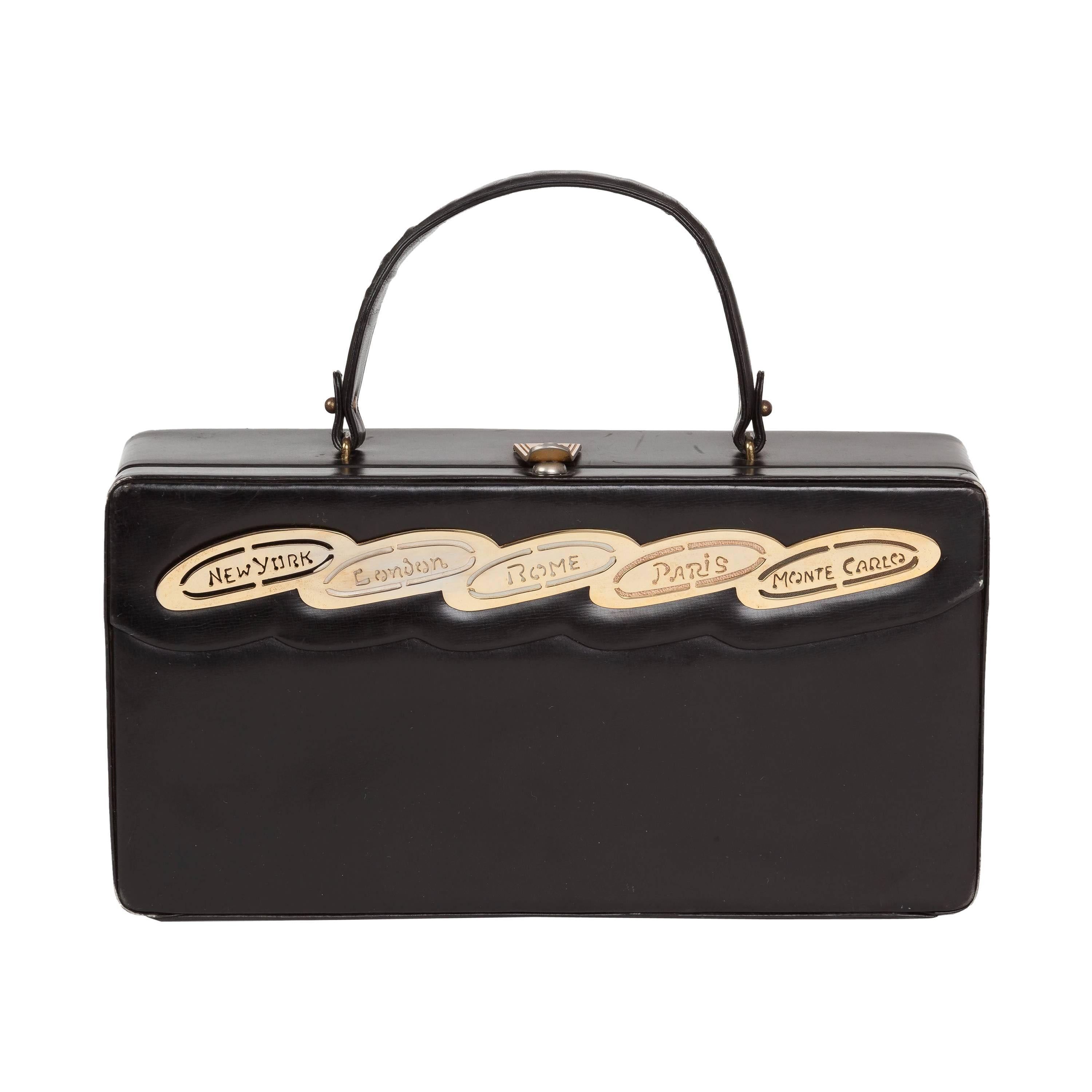 1960s Prestige Black Calfskin Rectangular Destination Bag Box Purse w/City Names For Sale