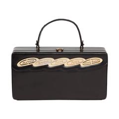 Vintage 1960s Prestige Black Calfskin Rectangular Destination Bag Box Purse w/City Names