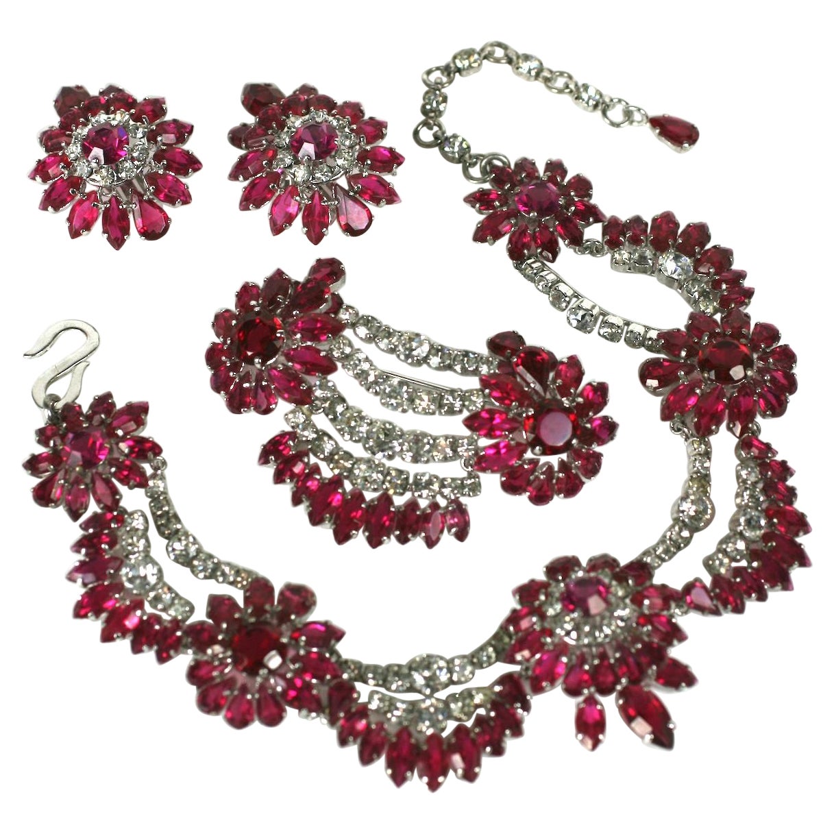 Rare Christian Dior Ruby and Crystal Floral Swag Parure, YSL 1959 For Sale
