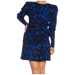 1980S GIVENCHY Black & Blue Haute Couture Silk Jacquard Draped Cocktail Dress W