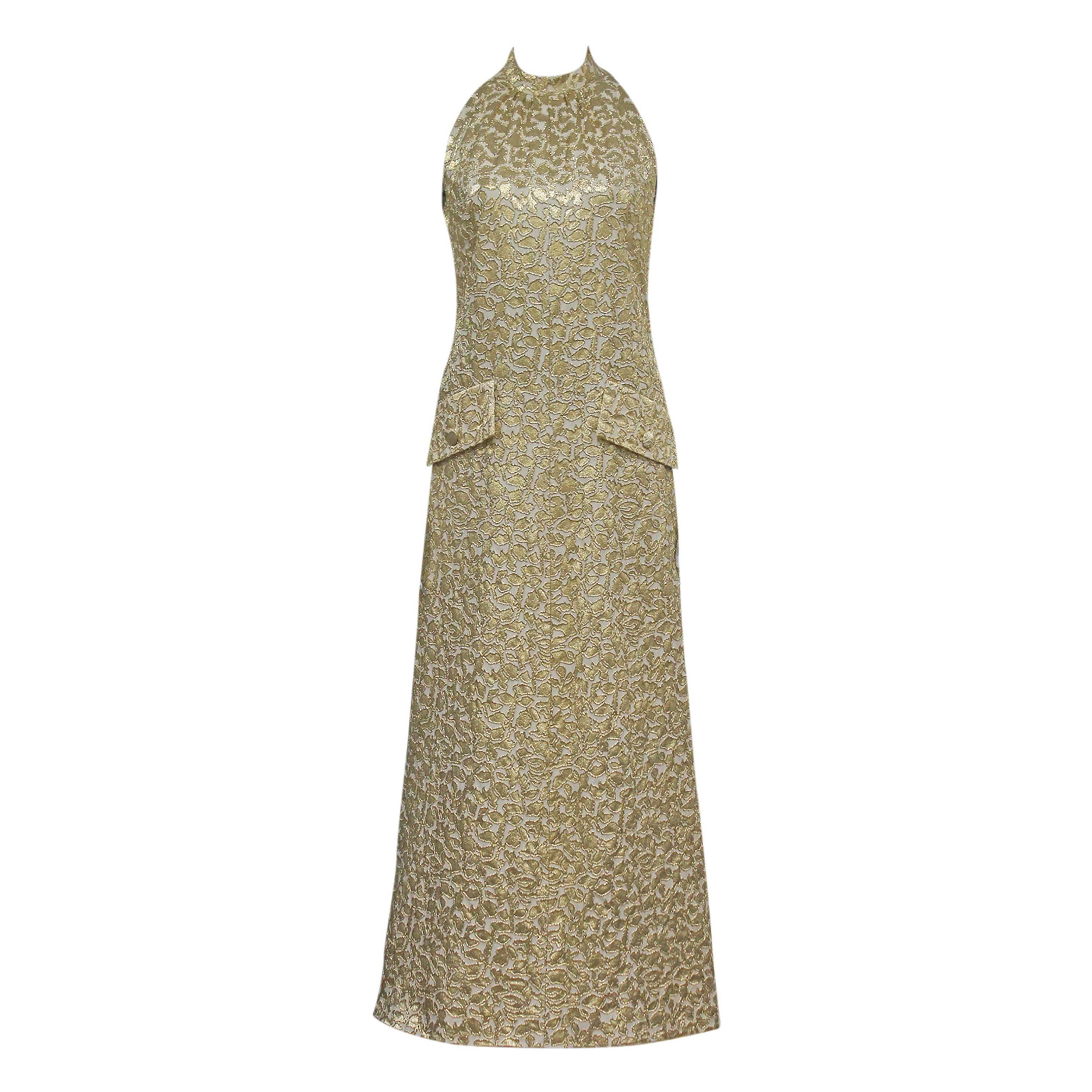 Jean Patou A-line lurex brocade gold evening dress, c.1968