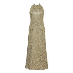 Jean Patou A-line lurex brocade gold evening dress, c.1968