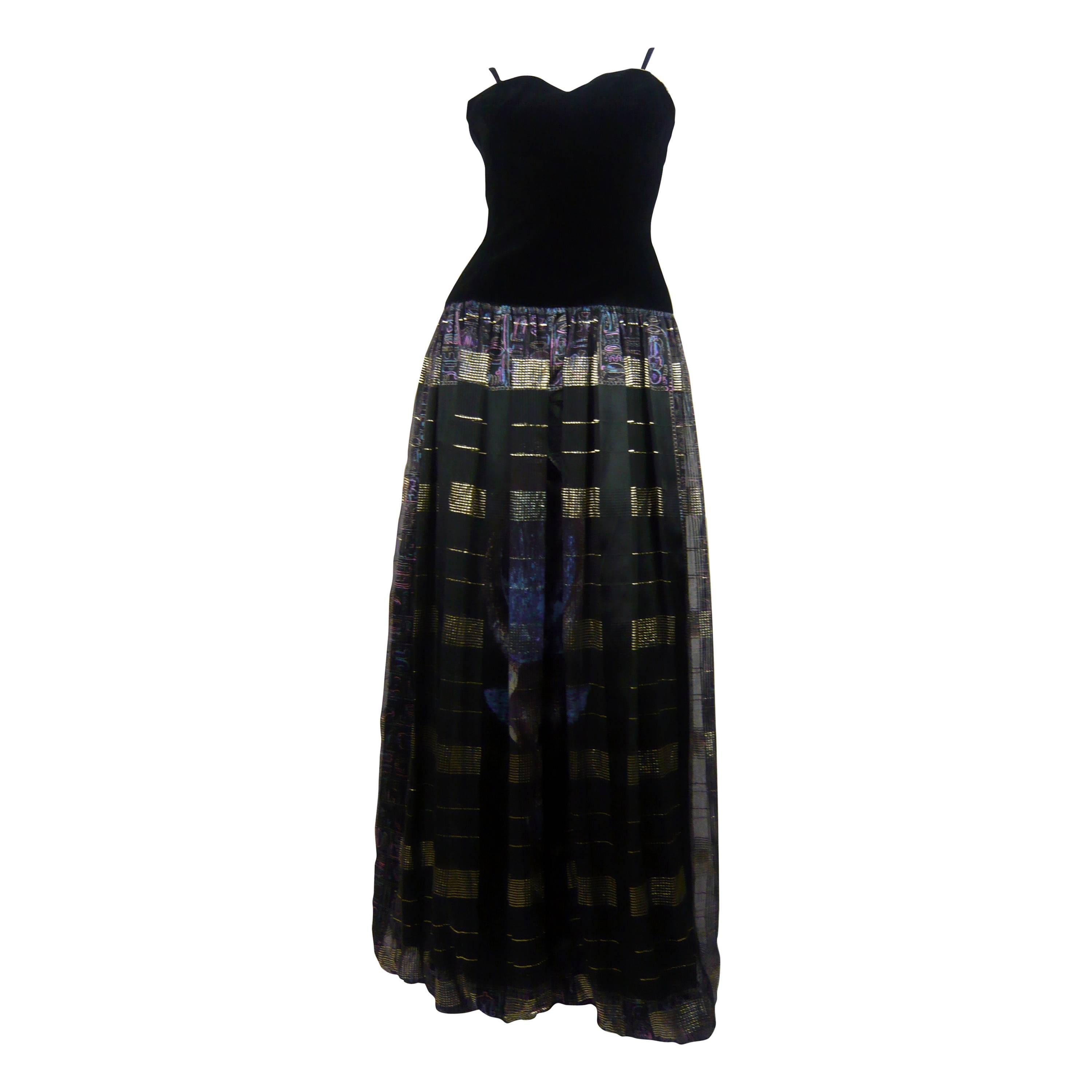 1980s Balmain Evening Dress Blk Velvet Egyptian Print For Sale