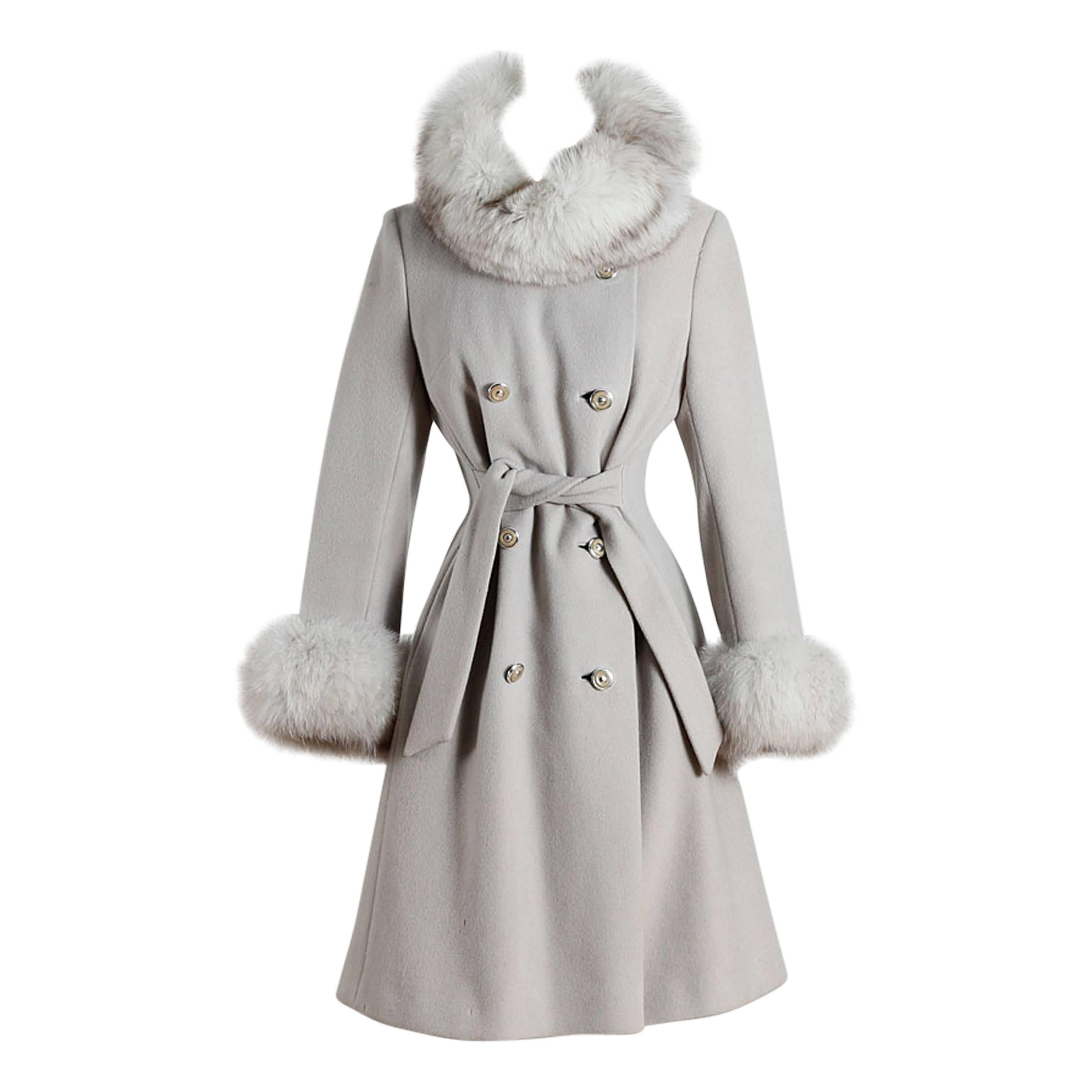 Vintage 1960s Gray Wool Fox Fur Coat For Sale