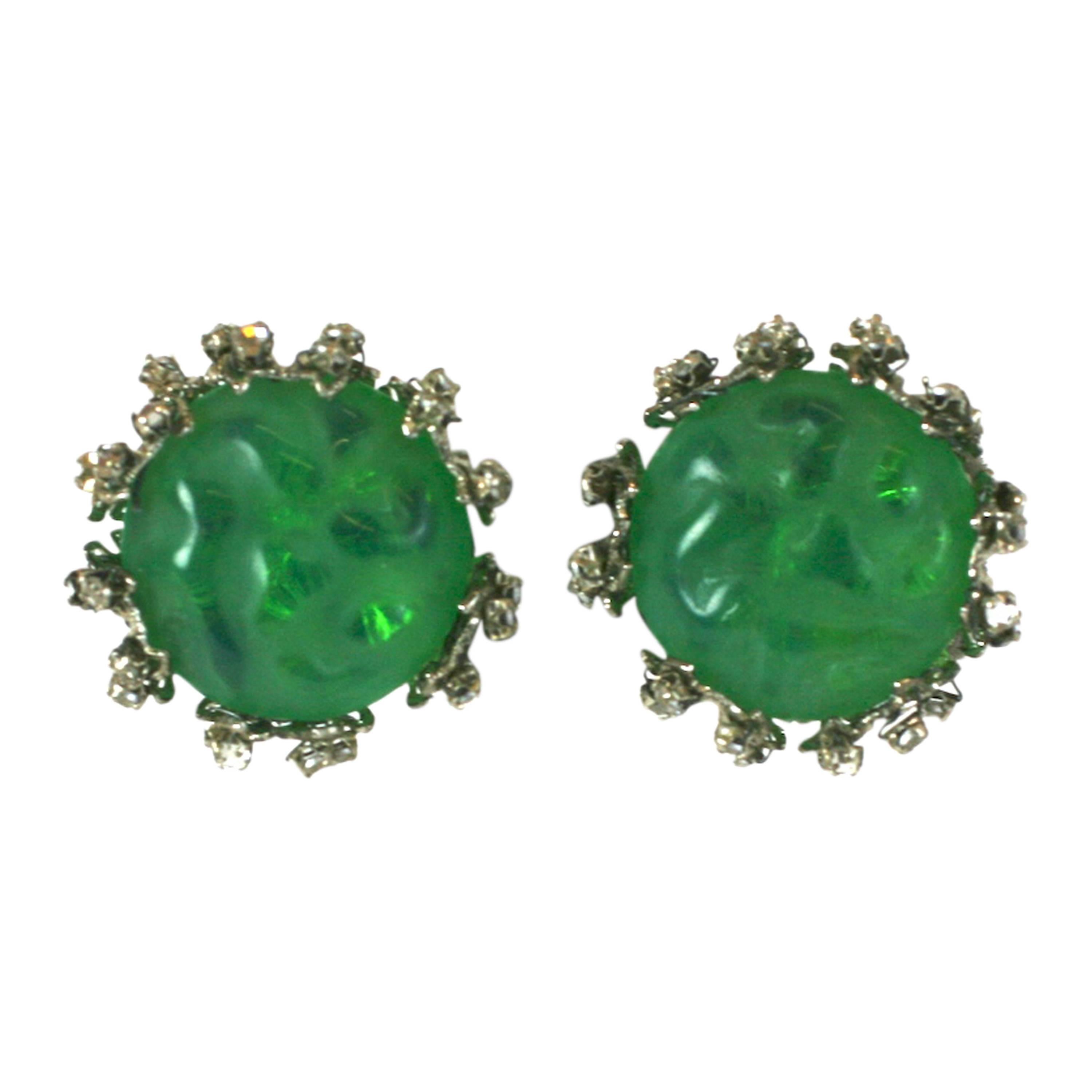 Miriam Haskell Faux Emerald and Pave Earclips For Sale