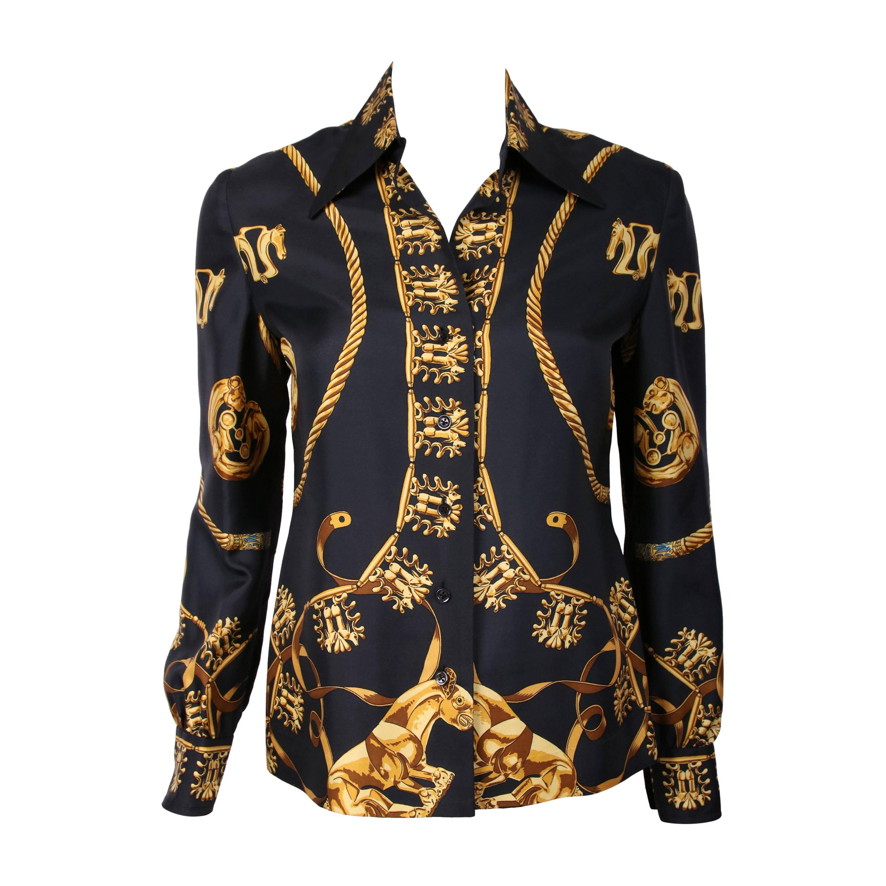 Vintage Hermes Black & Gold Silk Print Blouse Shirt Top 