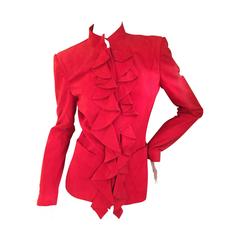Vintage YSL by Tom Ford Red Suede Ruffle Front Jacket NWT F 2003