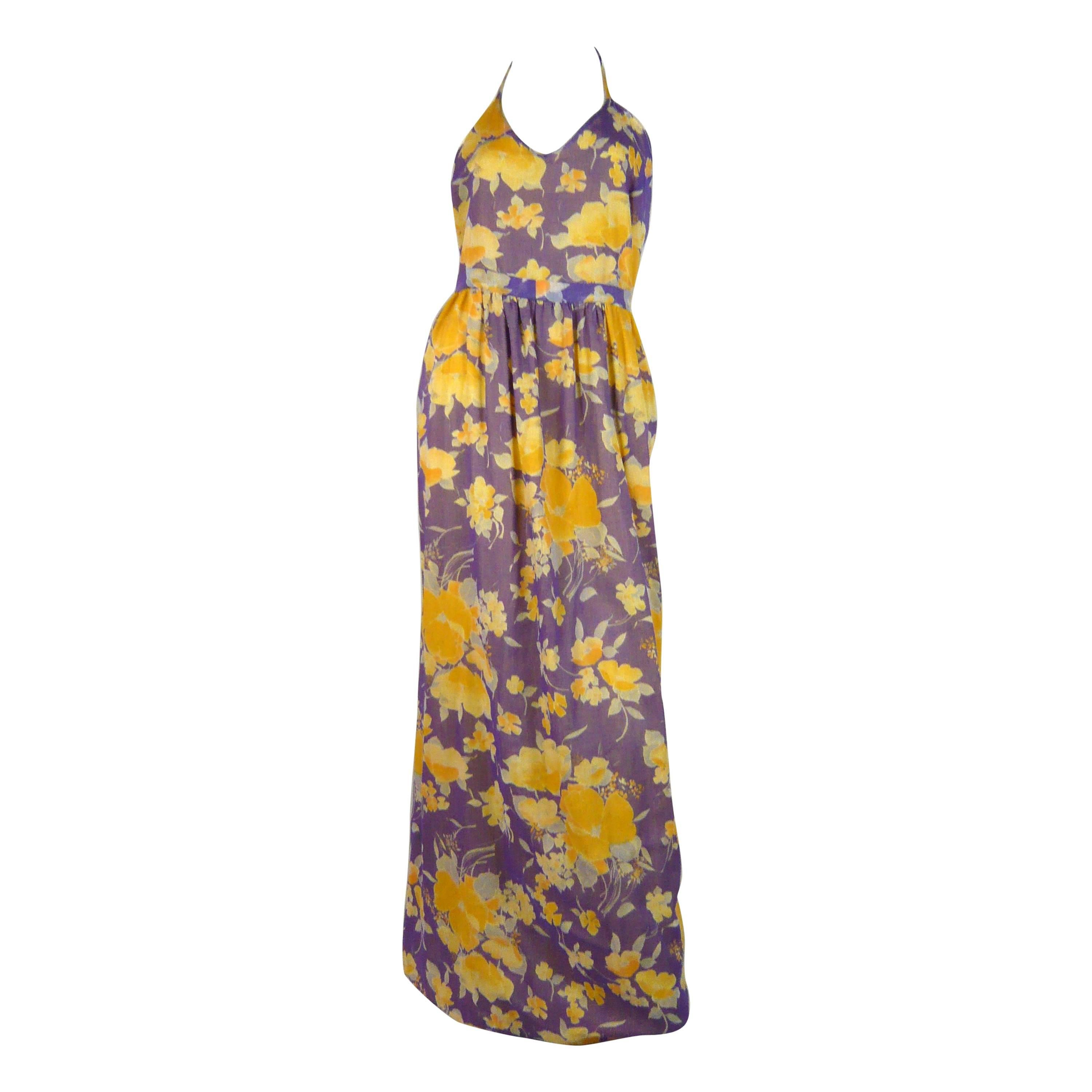 1970s Michel Goma Spring Floral Linen Wrap Day Dress For Sale