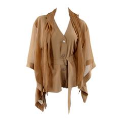 HERMES Nude Beige Silk Organza Draped Wing Sleeve With Scarf Button Up Blouse