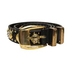 1990s Versace Leather Belt With Gold Lion Studs