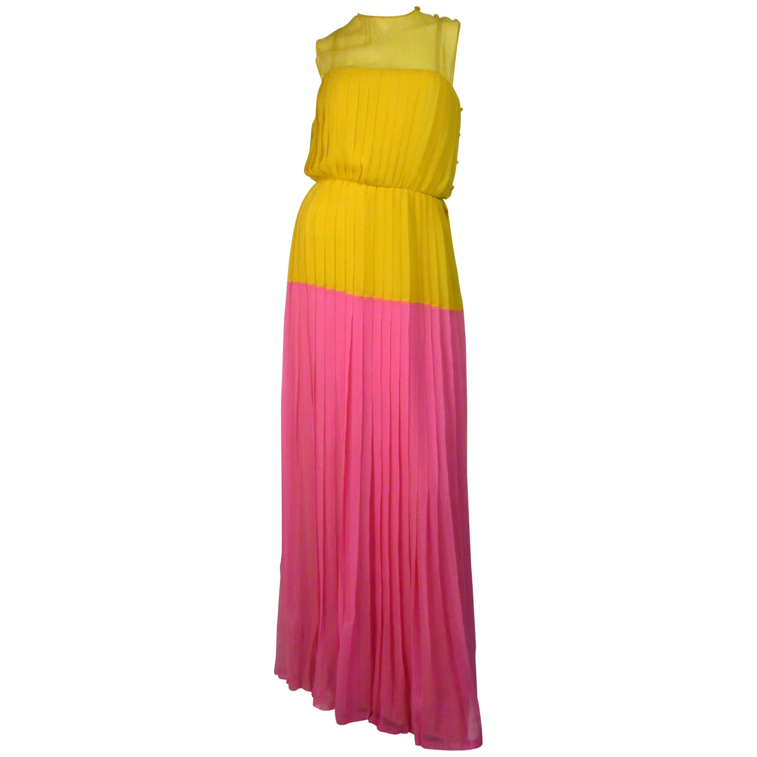 1980s Nina Ricci Yellow and Pink Pleated Silk Chiffon Gown For Sale