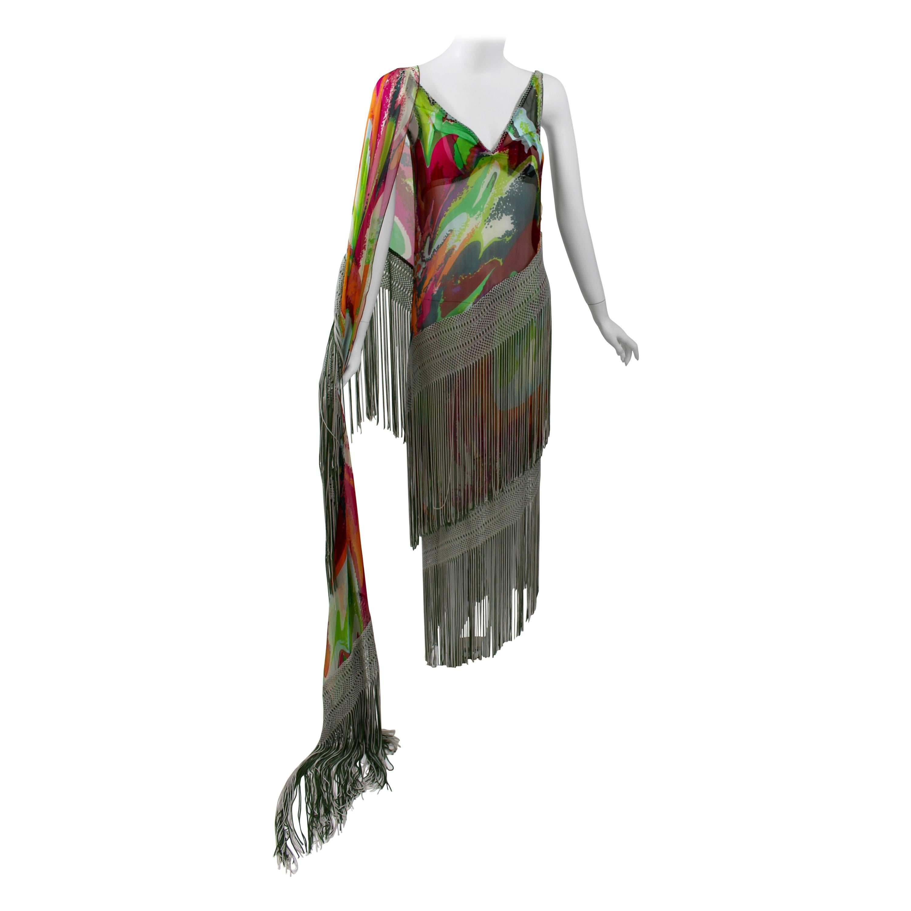 Missoni Runway 2004 Silk Colorful Fringe Scarf / Cape Dress For Sale