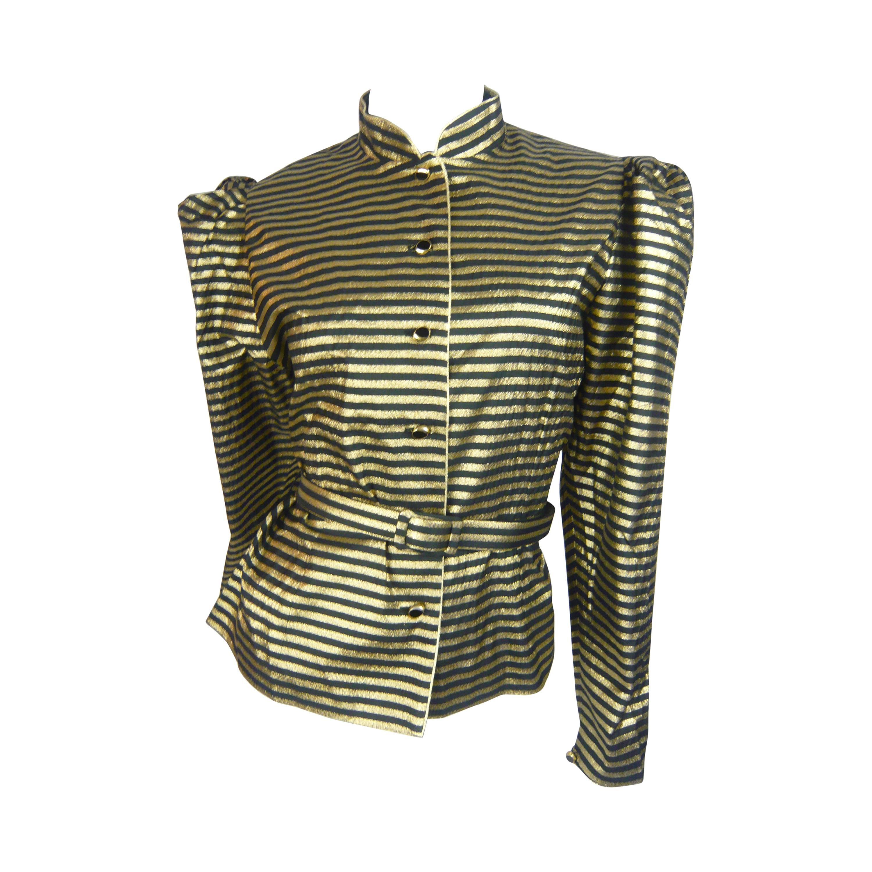 1980s Scorpion Black and Gold Lame Striped Blouse For Sale