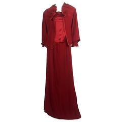 1980s Jean Patou Red Three Piece Ensemble Silk Crepe
