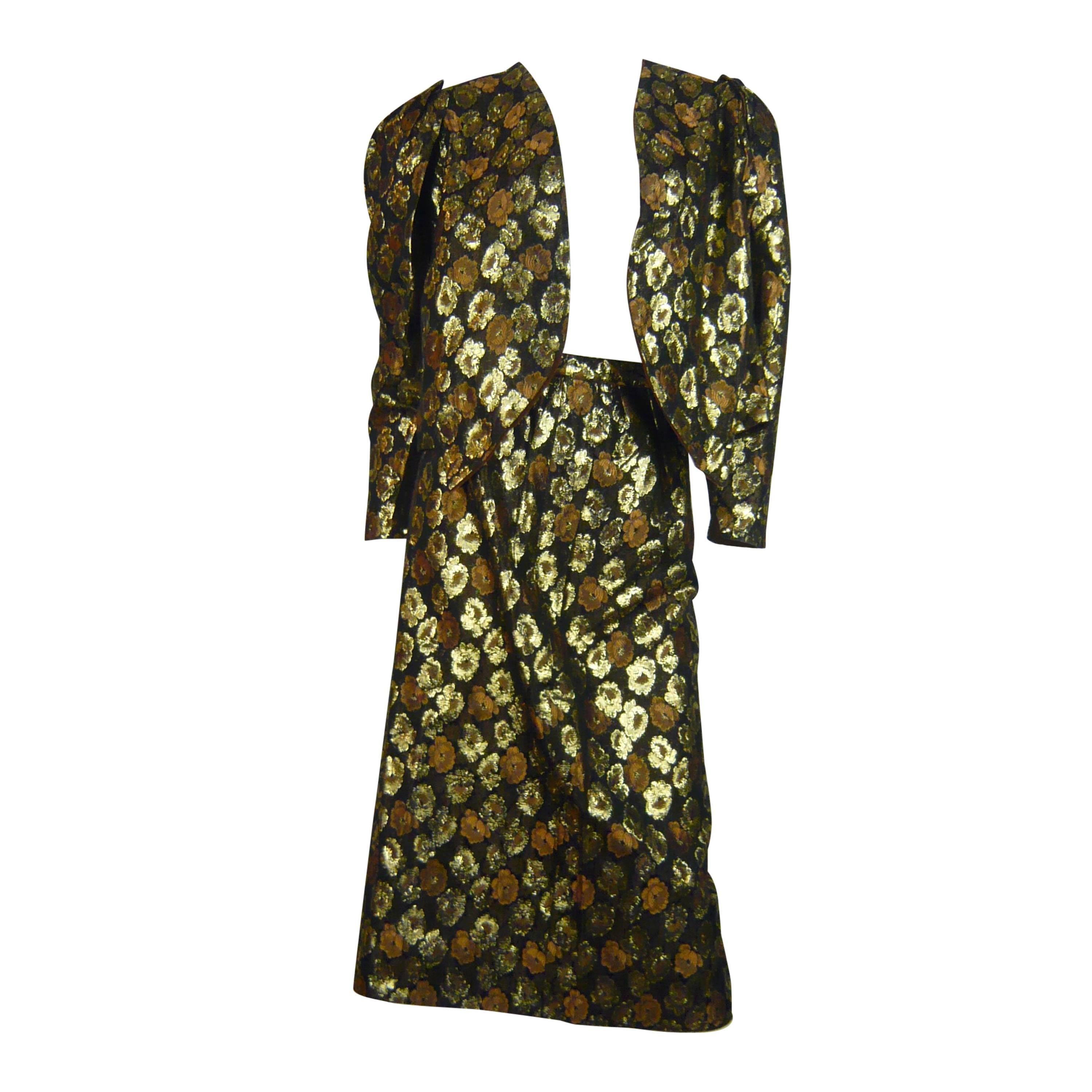 1980s Guy Laroche Lame Gold/Brown Floral Brocade Two Piece Ensemble For Sale