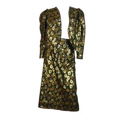 1980s Guy Laroche Lame Gold/Brown Floral Brocade Two Piece Ensemble