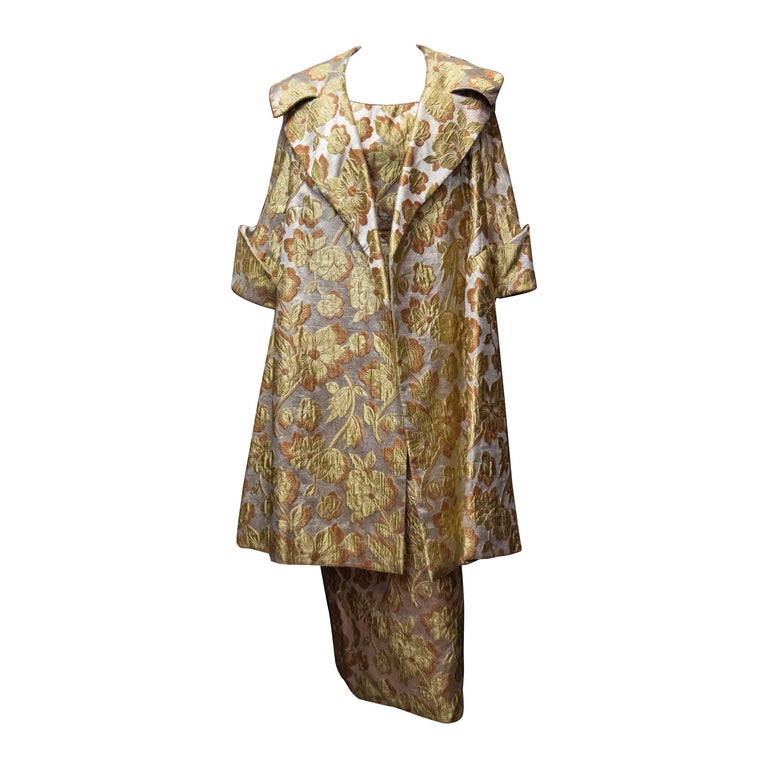 1960s Mr. Blackwell Gold & Silver Beaded Loop Design Ivory Silk Dress