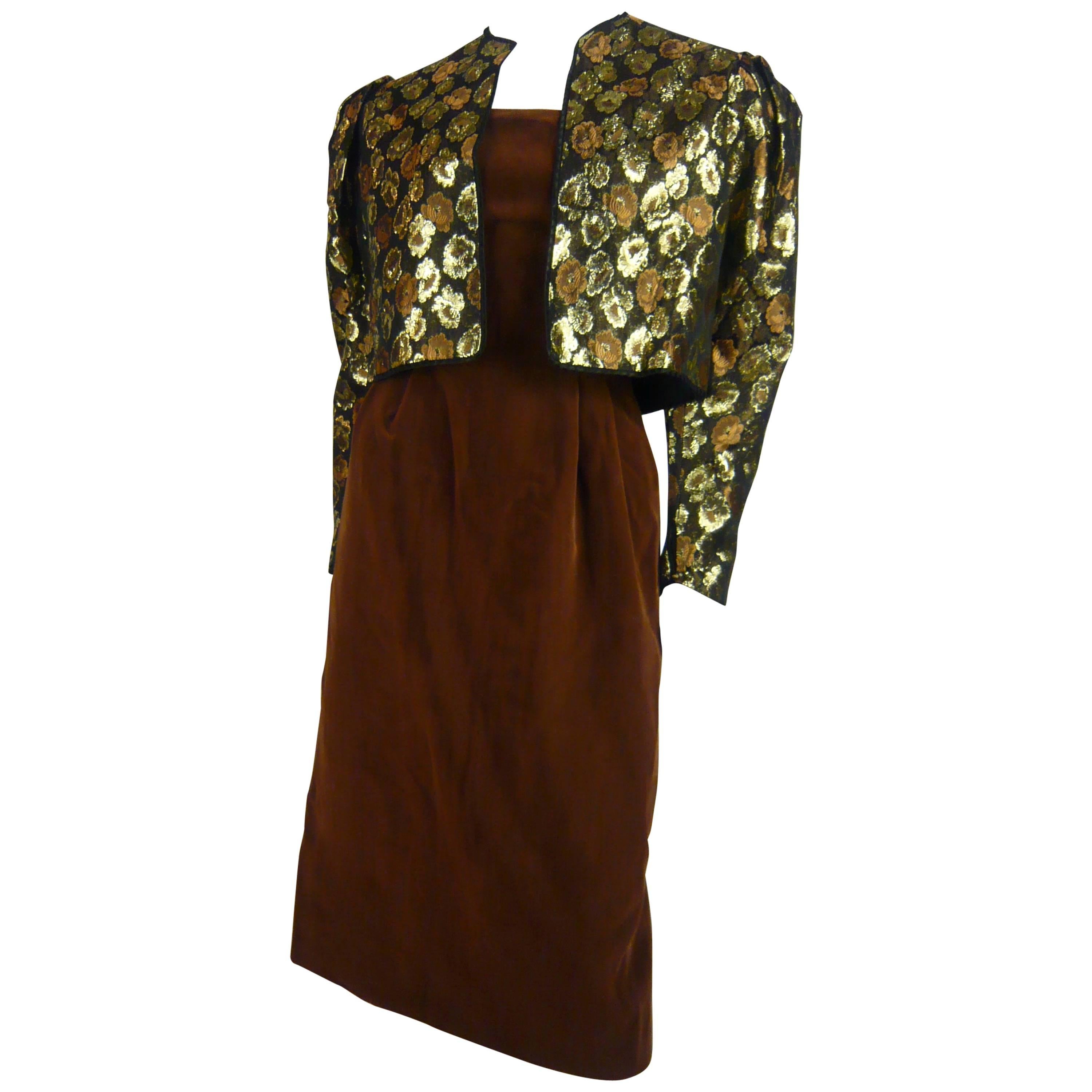 1980s Guys Laroche Floral Brocade Bolero w Brown Velvet Dress For Sale