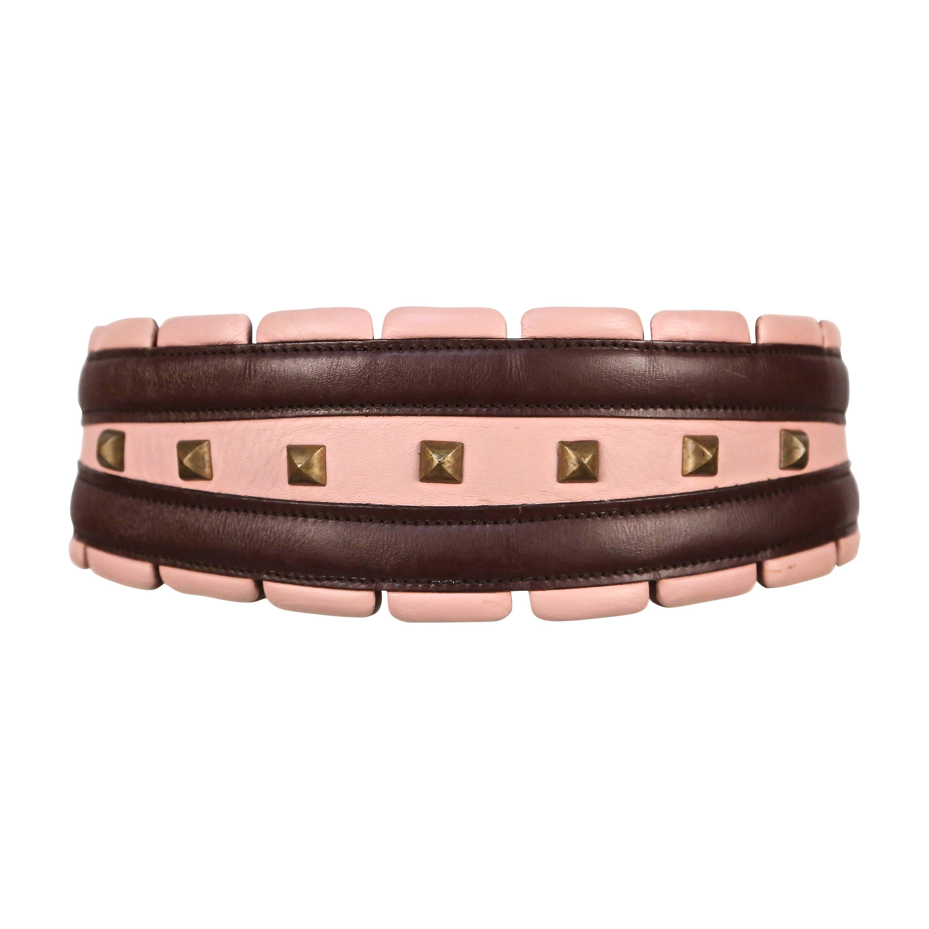 1990's AZZEDINE ALAIA burgundy and pink leather belt with silver pyramid studs