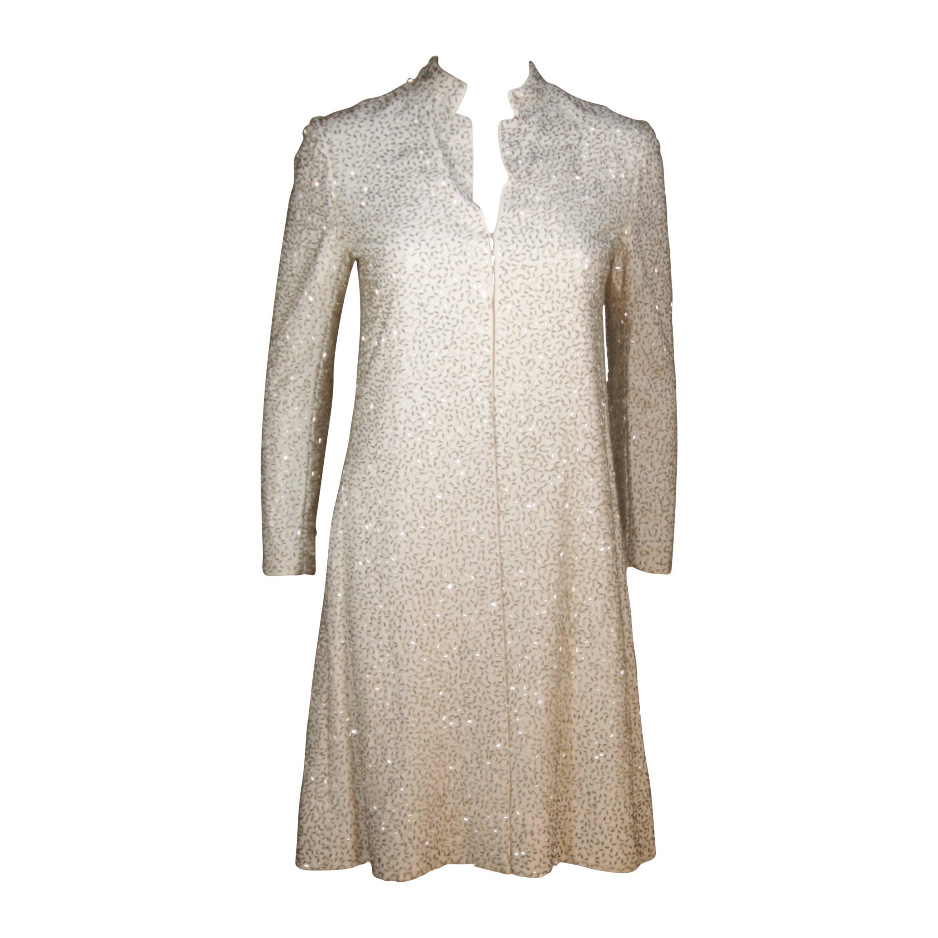 Vintage Off-White Silk Coat with Silver Beading Size 4-6 For Sale
