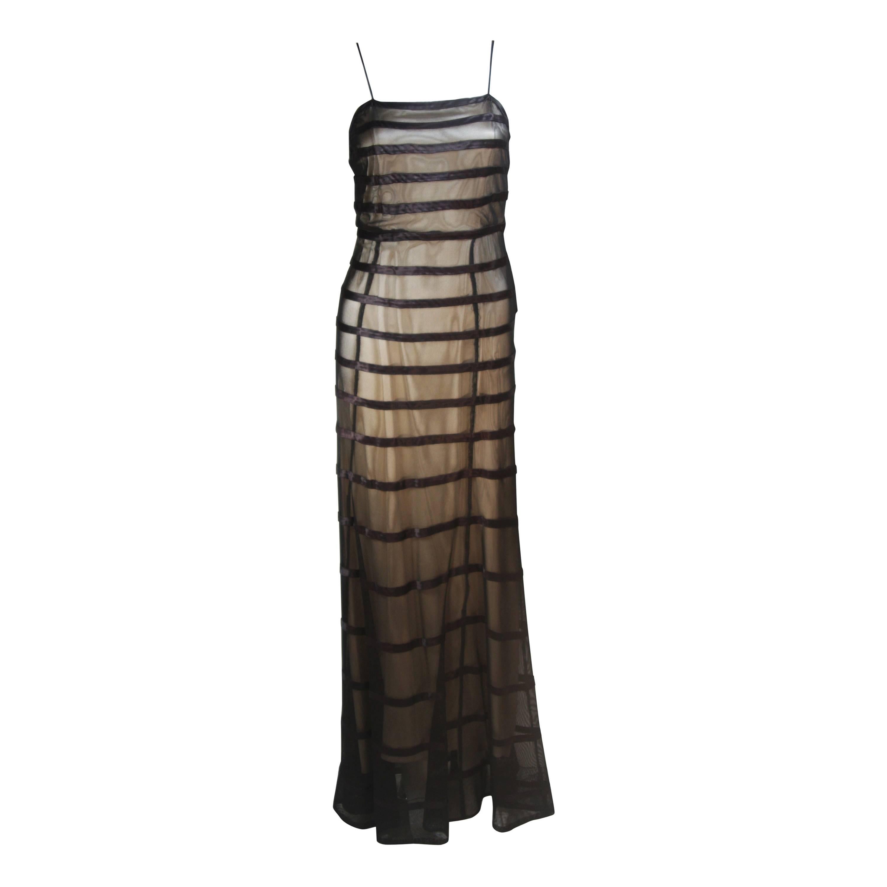 1930's Black Mesh Gown with Silk Accents and Nude Slip Size 2-4 For Sale