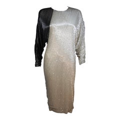 1980's Vintage Black & Silver Silk Cocktail Dress with Batwing Sleeves SIze 4-6