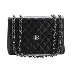 2000s Chanel Black Quilted Lambskin Leather Jumbo Classic Single Flap Bag 