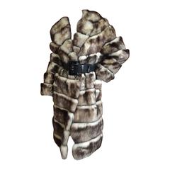 Bold Horizontal Pelt Leather Trim Fitch Fur Coat