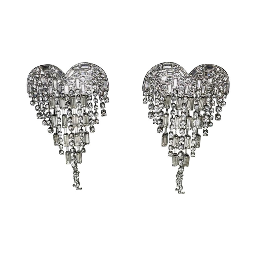 Signed Yves Saint Laurent Sparkling Crystal Heart Dangle Statement Clip Earrings For Sale