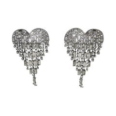 Vintage Signed Yves Saint Laurent Sparkling Crystal Heart Dangle Statement Clip Earrings
