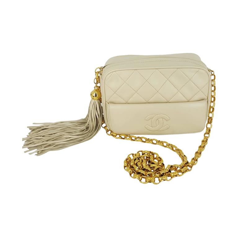 Chanel Small Cream Lambskin Camera Bag Tassel And Gold Hardware