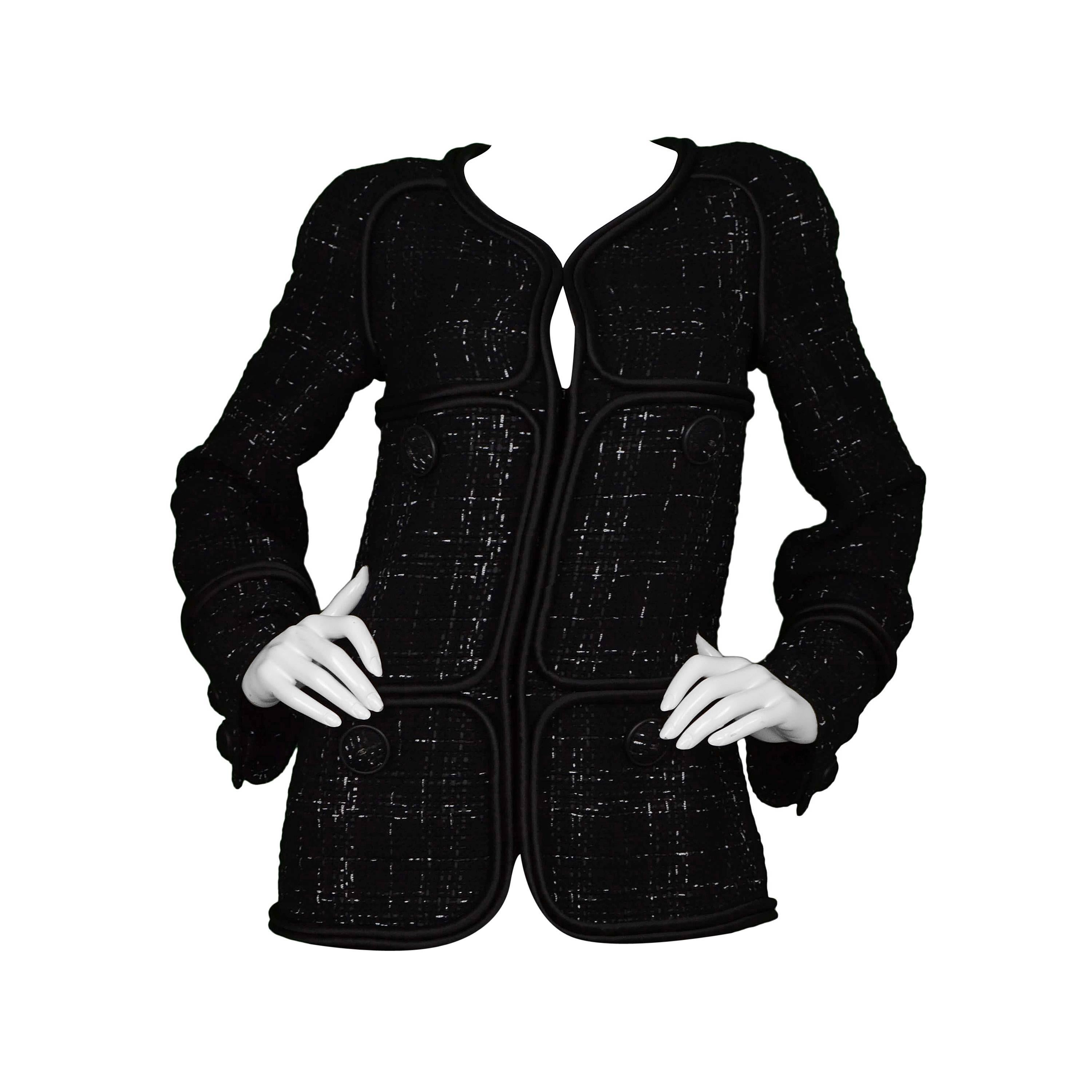 Chanel 2015 Black/White Boucle Jacket w/ Satin Piping sz 36