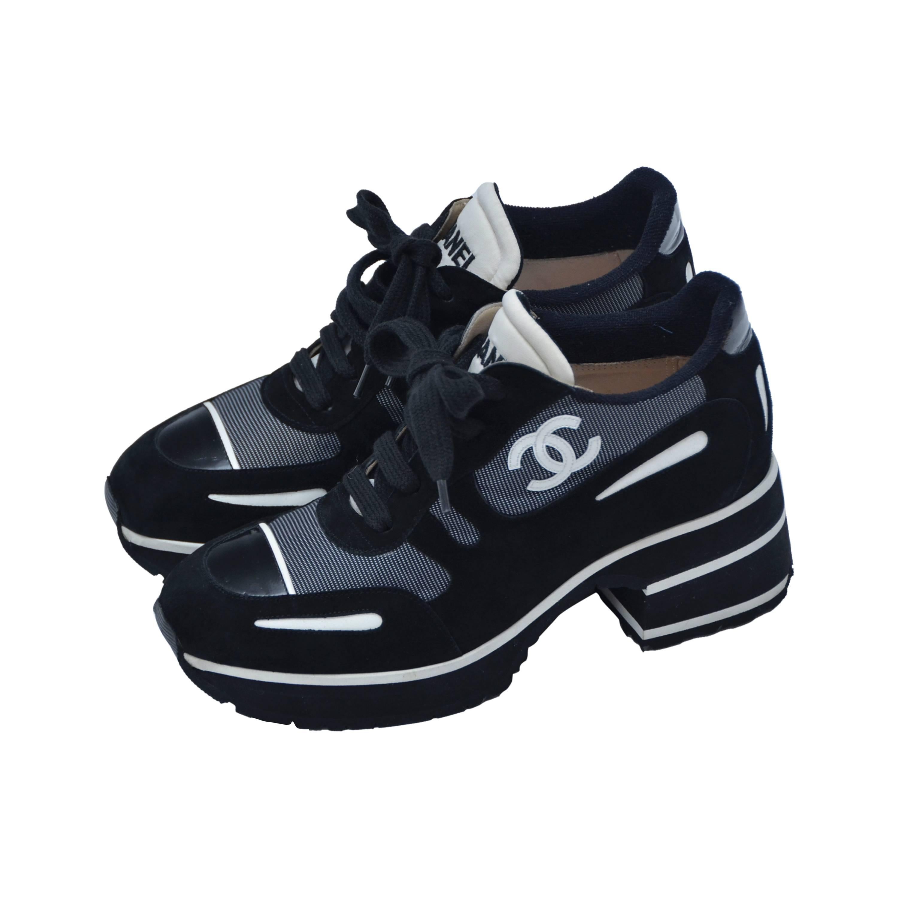 CHANEL  1997 Platform Black/White Shoes Sneakers New 38.5